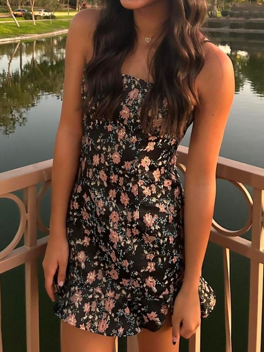 Superdown Macey Floral Black & Pink Strapless Mini Ruffle Dress Size:Small